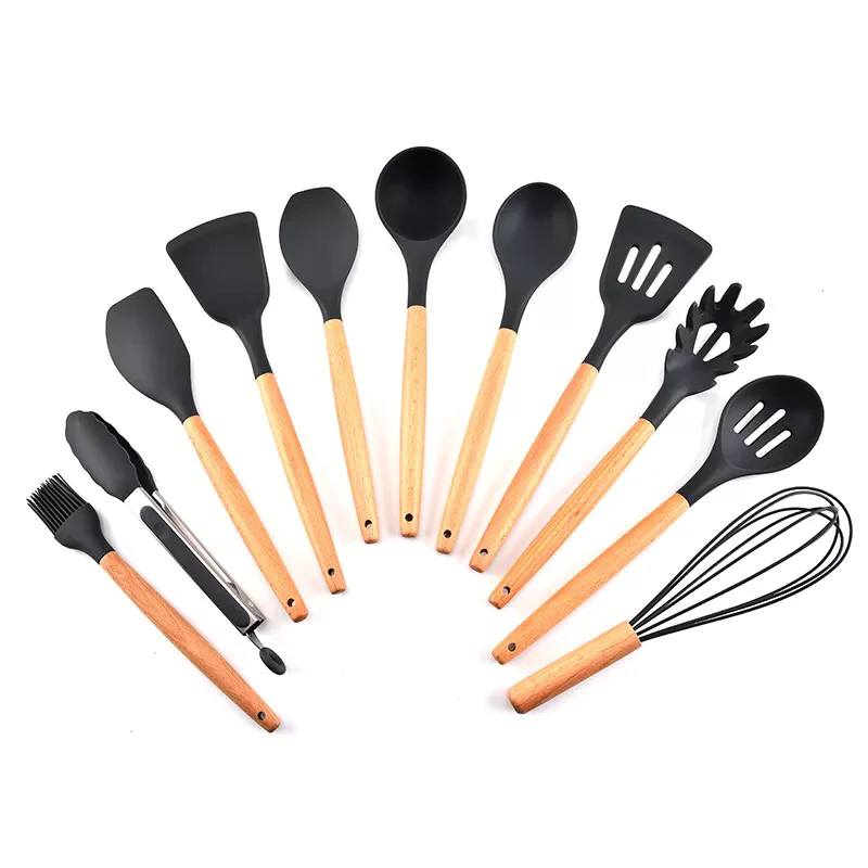 12 Pcs Set Wooden Handle Silicone Kitchen Utensils With Storage Bucket High Temperature Resistant And Non Stick Pot Spatula Spoon( Random Colors)