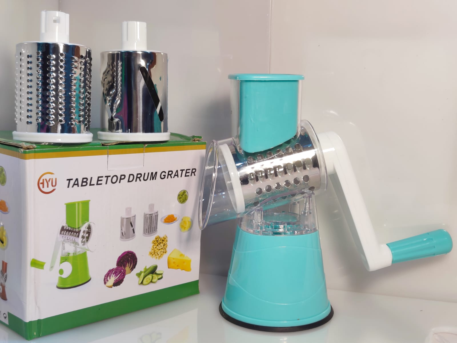 Drum Vegetable Cutter Rotary Cheese Grater with Handle - Vegetable Shredder Stainless Steel Drum Blades, Round Mandoline Slicer Nuts Grinder for Kitchen Gifts (Blue)