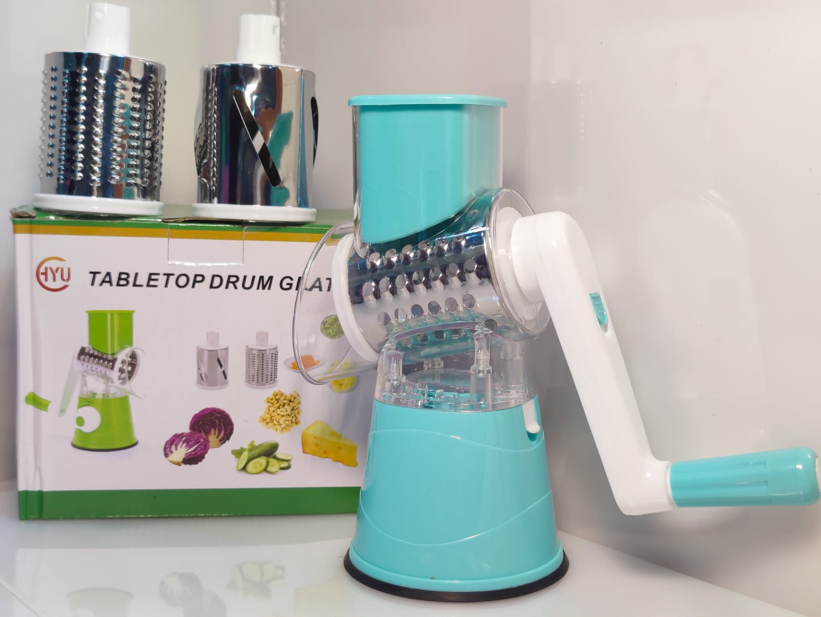 Drum Vegetable Cutter Rotary Cheese Grater with Handle - Vegetable Shredder Stainless Steel Drum Blades, Round Mandoline Slicer Nuts Grinder for Kitchen Gifts (Blue)