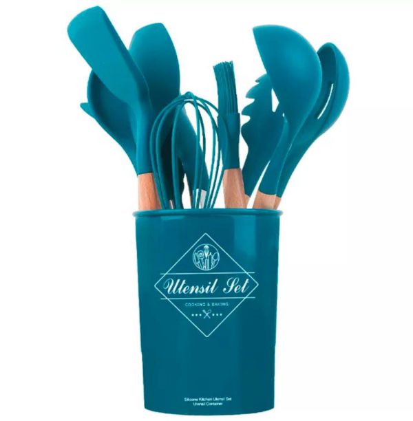 12 Pcs Set Wooden Handle Silicone Kitchen Utensils With Storage Bucket High Temperature Resistant And Non Stick Pot Spatula Spoon( Random Colors)